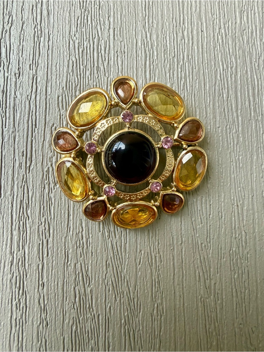 Gold Tone Multicolor Cabochon Rhinestone Statement Brooch Vintage Style